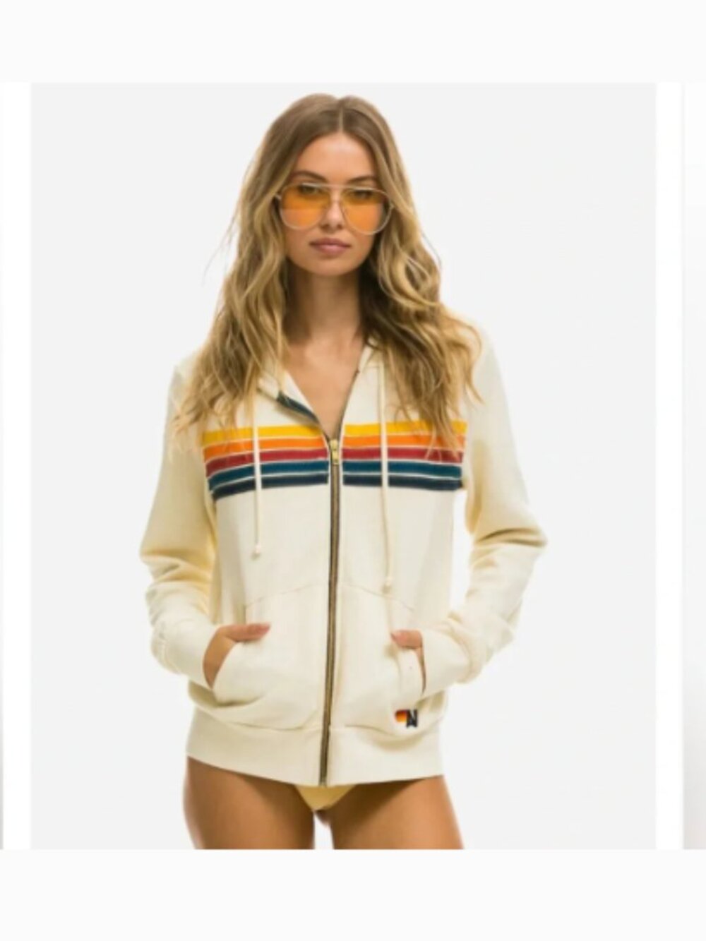 Aviator Nation 5 Stripe Zip Hoodie Vintage White Sz XS